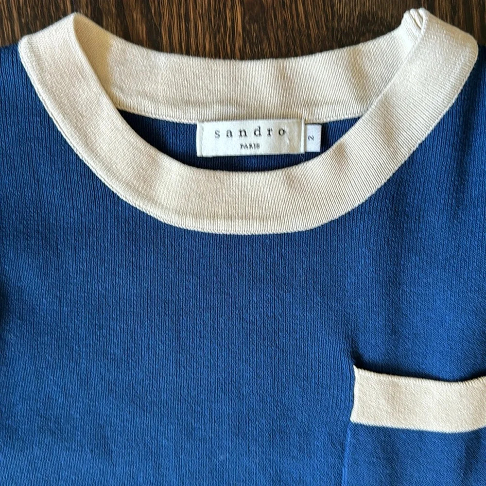 Sandro Blue and White Short Sleeve Knit Mini Dress - Picture 2 of 4